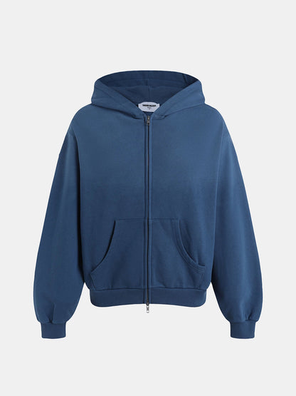 480 GSM BOXY CROPPED FIT 'WASHED BLUE' ZIP-UP HOODIE