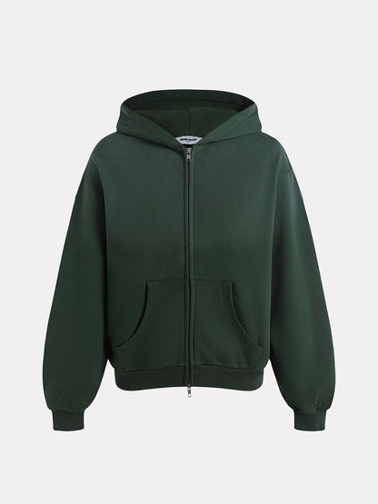 480 GSM BOXY CROPPED FIT 'WASHED DEEP GREEN' ZIP-UP HOODIE