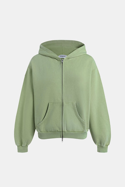 480 GSM BOXY CROPPED FIT 'WASHED GREEN' ZIP-UP HOODIE
