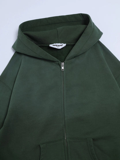480 GSM BOXY CROPPED FIT 'WASHED DEEP GREEN' ZIP-UP HOODIE