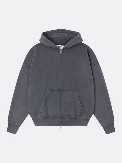 450 GSM BOXY CROPPED FIT 'WASHED GRAY' ZIP-UP HOODIE